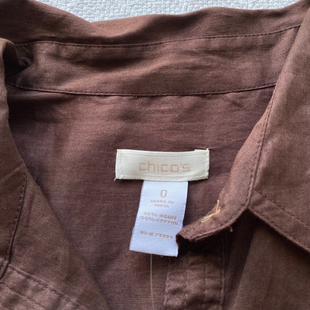 Chico's Brown Ramie Cotton Button Down Roll Tab Long Sleeve Shirt Semi-Sheer - Picture 5 of 7
